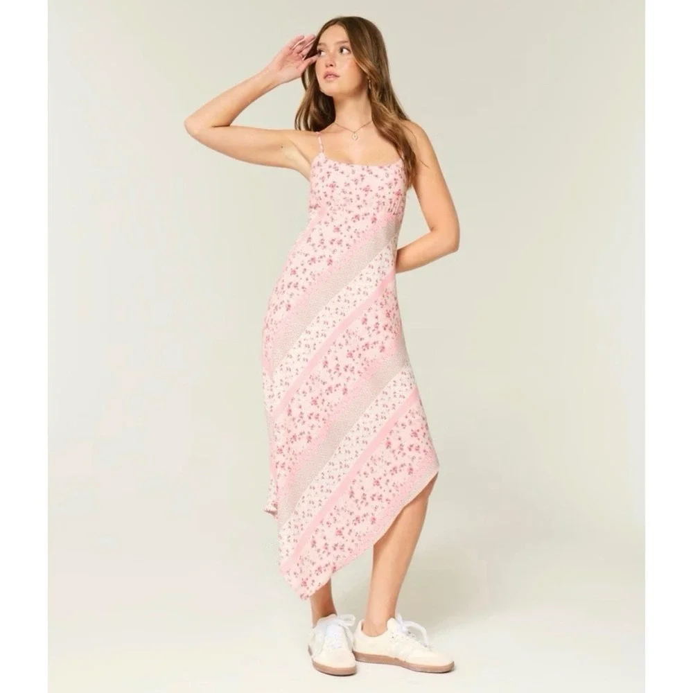 New Hollister Asymmetrical Hem Midi Dress – Light Pink Floral – Extra Large - Picture 1 of 5